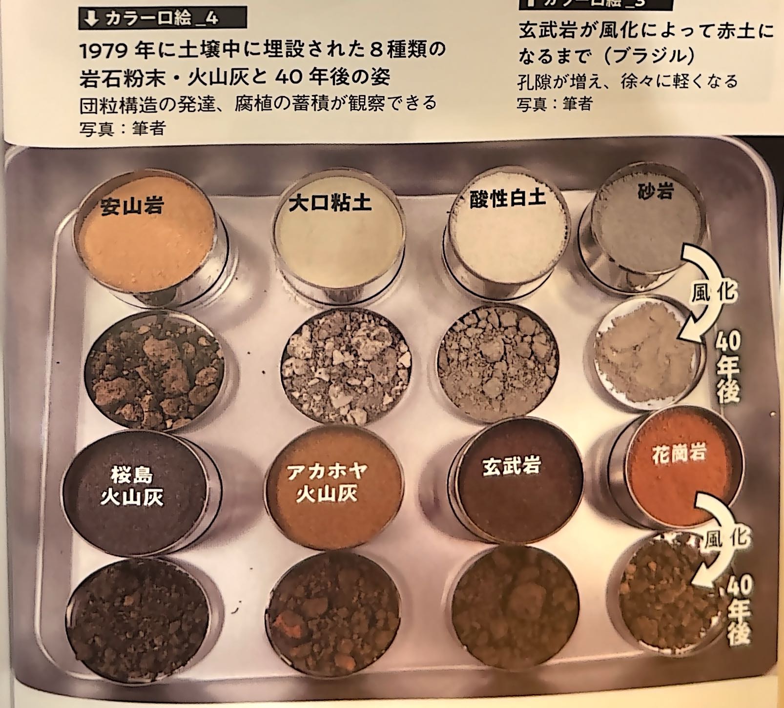 カラー口絵 4．1979年に土壌中に埋設された8種類の岩石粉末・火山灰と40年後の姿（『土と生命の46億年史』巻頭）.
