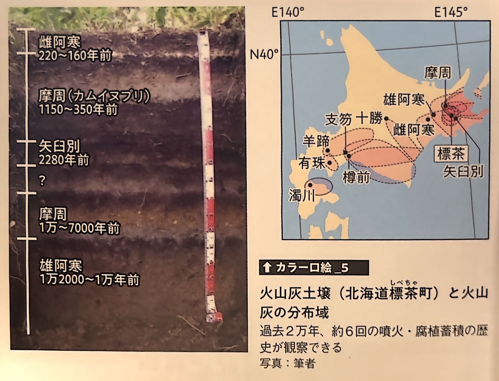カラー口絵 5．火山灰土壌（北海道標茶町）と火山灰の分布域（『土と生命の46億年史』巻頭）.